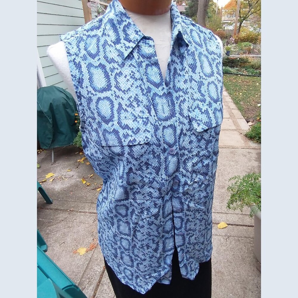 Blouse: Silk, blue, snakeskin print, sleeveless. Size medium - by Equipment